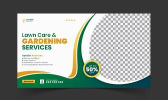 Organic food and agriculture service for stream video thumbnail design, modern lawn mower garden, or landscaping service social media cover or post template with abstract green and yellow color shapes vector