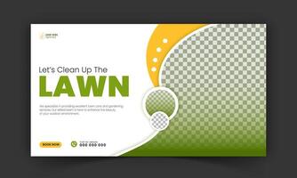 Lawn care and farming service video thumbnail design, modern lawn mower garden, or landscaping service with abstract green and yellow color shapes for social media cover, post, web banner template vector