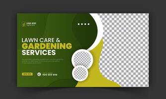 Corporate lawn care and gardening or landscaping services live stream video thumbnail design, lawn mower, gardening, promotion, social media post, cover template, abstract green, yellow color shapes vector