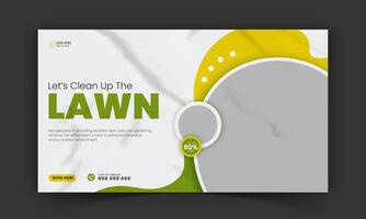 Lawn care and farming service video thumbnail design, modern lawn mower garden, or landscaping service with abstract green and yellow color shapes for social media cover, post, web banner template vector