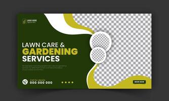 Corporate lawn care and gardening or landscaping services live stream video thumbnail design, lawn mower, gardening, promotion, social media post, cover template, abstract green, yellow color shapes vector