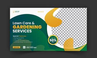 Organic food and agriculture service for stream video thumbnail design, modern lawn mower garden, or landscaping service social media cover or post template with abstract green and yellow color shapes vector