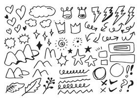 Hand drawn doodle design elements, black on white background. emphasis, Arrow, crown, line, hill. doodle sketch design elements vector