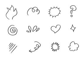 Set of cute hand drawn line scribble expression signs.emoticon effects design elements, cartoon character emotion symbols.vector illustration. vector