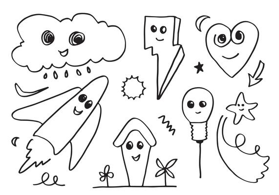 hand-drawn kids doodle set isolated on white background.