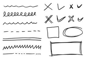 Doodle vector lines and curves.Hand drawn check and arrows signs. Set of simple doodle lines, curves, frames and spots. Collection of pencil effects. Doodle border.