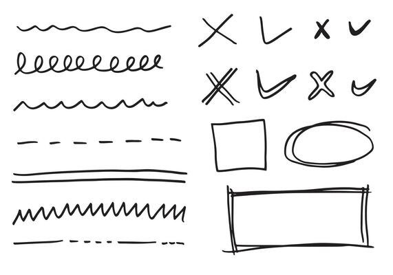 Doodle vector lines and curves.Hand drawn check and arrows signs. Set of simple doodle lines, curves, frames and spots. Collection of pencil effects. Doodle border.