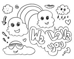 cute kawaii rainbow, cloud with rain with we love you text. doodle cartoon style. vector