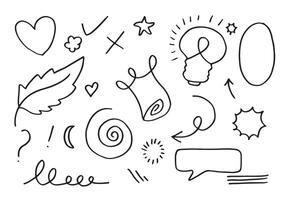 hand drawn set element,black on white background.arrow,leaves,speech bubble,heart,light,king,emphasis,swirl,for concept design. vector