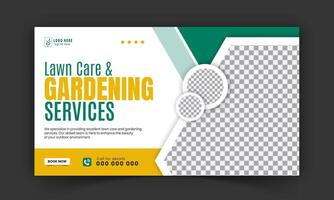 Organic food and agriculture service for stream video thumbnail design, modern lawn mower garden, or landscaping service social media cover or post template with abstract green and yellow color shapes vector