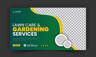 Organic food and agriculture service for stream video thumbnail design, modern lawn mower garden, or landscaping service social media cover or post template with abstract green and yellow color shapes vector