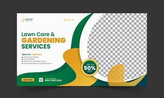 Organic food and agriculture service for stream video thumbnail design, modern lawn mower garden, or landscaping service social media cover or post template with abstract green and yellow color shapes vector