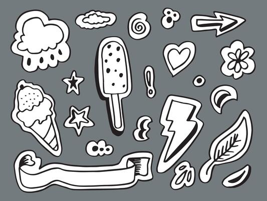 kids stickers with ice cream and cloud hand drawn and badges designs in flat style. Vector stock illustration.