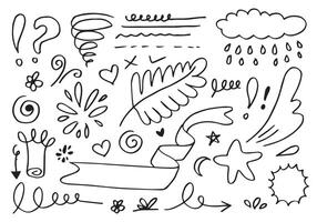 leaves, hearts, abstract, ribbons, arrows and other elements in hand drawn styles for concept designs. Doodle illustration. Vector template for decoration