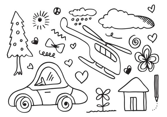 hand-drawn kids doodle set isolated on white background.