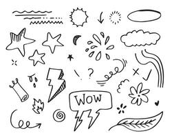 Hand drawn doodle design elements, black on white background. wind, swoops, emphasis, Arrow, crown, line. doodle sketch design elements. vector