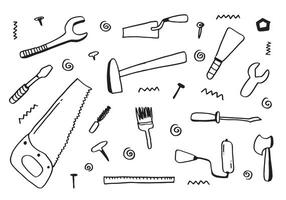 Working construction tools doodles collection on white background, vector