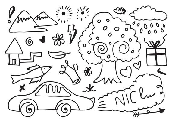 hand-drawn cute doodle set on white background. doodle design elements.doodle kids for decoration and coloring page.