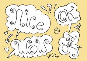 Hand drawn set of speech bubbles with handwritten short phrases nice, ok, wow, good on yellow background. vector