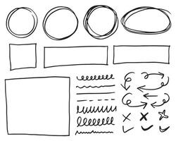 garabatear líneas vectoriales y curvas. Señales de flechas y cheques dibujados a mano. conjunto de líneas de garabatos simples, curvas, marcos y puntos. colección de efectos de lápiz. borde del garabato. conjunto de garabatos simples. vector