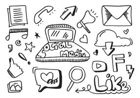 conjunto de dibujos animados de doodle de arte de línea vectorial de objetos y símbolos sobre el tema de las redes sociales. vector