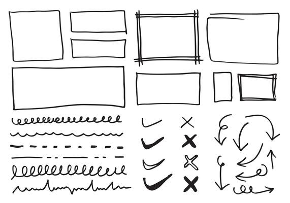 Doodle vector lines and curves.Hand drawn check and arrows signs. Set of simple doodle lines, curves, frames and spots. Collection of pencil effects. Doodle border. Simple doodle set.