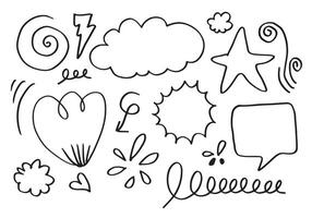 hand drawn set element,black on white background.arrow,cloud,speech bubble,heart,emphasis,swirl,for concept design. vector