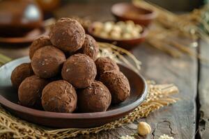 AI generated Kue bola cokelat biskuit or Chocolate biscuit ball cookies. indonesian eid snack, kue lebaran photo