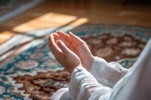 AI generated Selective focus on Hands of female muslim praying in mosque during ramadan photo