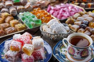 AI generated Turkish Coffee and Colorful Ramadan Eid Candy and Chocolate, Traditional Ottoman Cuisine Desserts photo