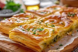 AI generated Turkish Tepsi Boregi, Round Borek, Tray pastry photo