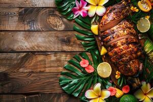 AI generated Caribbean roast meat with tropical fruits, tropical leaves and flowers, space for text photo
