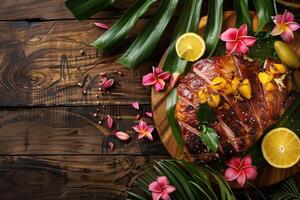 AI generated Caribbean roast meat with tropical fruits, tropical leaves and flowers, space for text photo