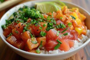 ai generado hawaiano dar un toque, pez, arroz, verduras, tropical hojas, flores, espacio para texto foto