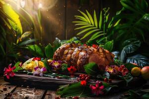 AI generated Caribbean roast meat with tropical fruits, tropical leaves and flowers, space for text photo