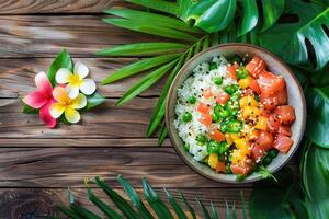 AI generated Hawaiian poke, fish, rice, vegetables, tropical leaves, flowers, space for text photo