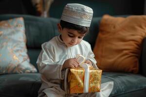 AI generated Muslim boy with a gift when Eid Mubarak photo