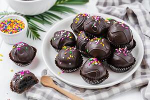 ai generado kue bola cokelat biskuit o chocolate galleta pelota galletas. indonesio eid bocadillo, kue libanés foto