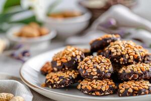 ai generado kukis kacang chocolate. chocolate maní galletas. indonesio eid galletas kue libanés foto