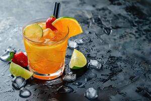 AI generated Mai Tai tropical cocktail with Rum, Lime, Mint garnish, orange liqueur, Amaretto syrup, almonds photo
