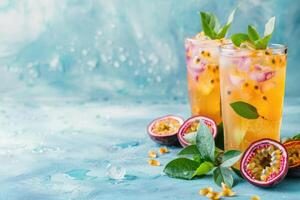 AI generated Ice tea with passionflower, tropical beach background, space for text photo