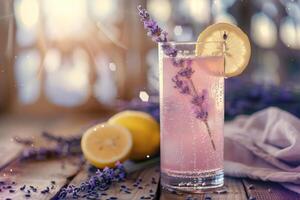 AI generated pink lavender lemonade with a slice of lemon, Provence style, space for text photo