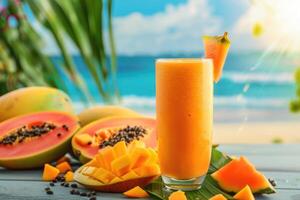 AI generated Smoothie with mango and papaya, tropical cocktail background, space for text photo