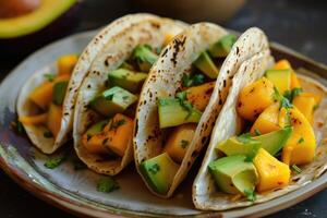 AI generated Mexican Mango avocado tacos. tofu, grilled chicken, tomato salsa sauce, onion in corn tortilla photo