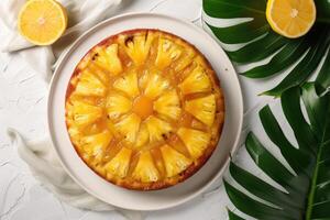 AI generated Crushed, pineapple, upside down cake, fine tableware, tropical leaves, space for text photo