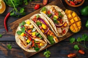 AI generated Mexican Mango avocado tacos. tofu, grilled chicken, tomato salsa sauce, onion in corn tortilla photo