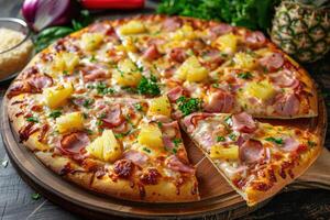 AI generated Just baked Hawaiian pizza with pineapple and ham on wooden board photo