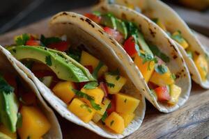 AI generated Mexican Mango avocado tacos. tofu, grilled chicken, tomato salsa sauce, onion in corn tortilla photo