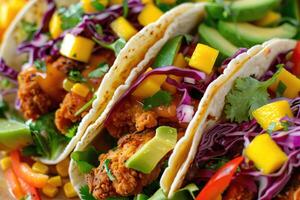 AI generated Mexican Mango avocado tacos. tofu, grilled chicken, tomato salsa sauce, onion in corn tortilla photo