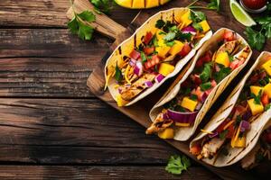 AI generated Mexican Mango avocado tacos. tofu, grilled chicken, tomato salsa sauce, onion in corn tortilla photo